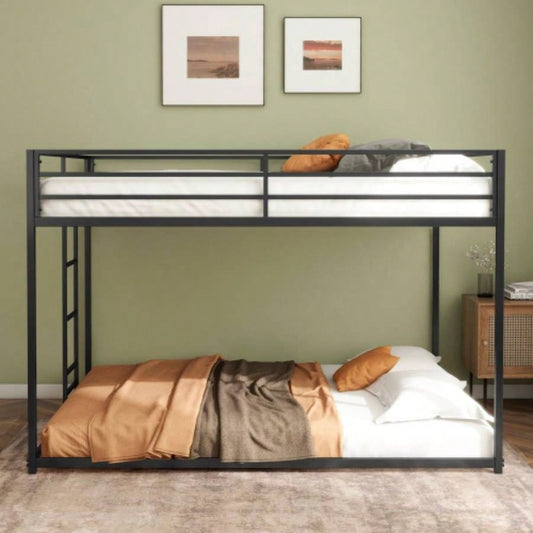 Adam Sturdy Full over Full Bunk Bed Metal Black and Adult, Low Profile Full over full bunk bed with Ladder and Guardrails, Easy Climbing, Beds Bedroom