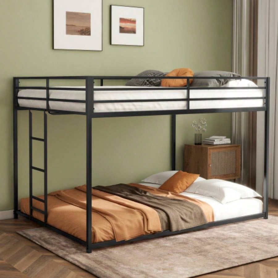 Adam Sturdy Full over Full Bunk Bed Metal Black and Adult, Low Profile Full over full bunk bed with Ladder and Guardrails, Easy Climbing, Beds Bedroom