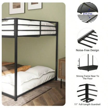 Adam Sturdy Full over Full Bunk Bed Metal Black and Adult, Low Profile Full over full bunk bed with Ladder and Guardrails, Easy Climbing, Beds Bedroom