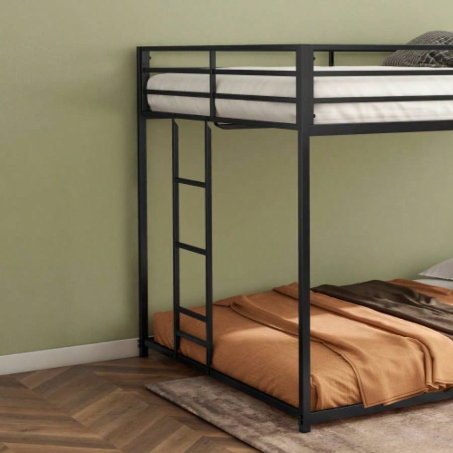 Adam Sturdy Full over Full Bunk Bed Metal Black and Adult, Low Profile Full over full bunk bed with Ladder and Guardrails, Easy Climbing, Beds Bedroom
