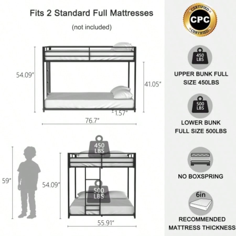 Adam Sturdy Full over Full Bunk Bed Metal Black and Adult, Low Profile Full over full bunk bed with Ladder and Guardrails, Easy Climbing, Beds Bedroom