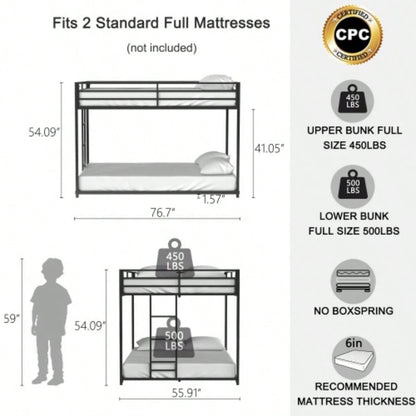 Adam Sturdy Full over Full Bunk Bed Metal Black and Adult, Low Profile Full over full bunk bed with Ladder and Guardrails, Easy Climbing, Beds Bedroom