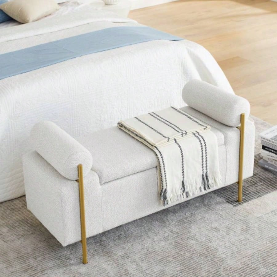 Elegant Upholstered Linen Storage with Cylindrical Arms and Iron Hallway Living Room Bedroom, White