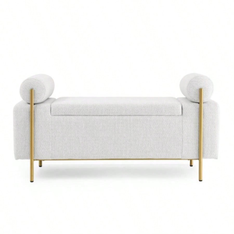 Elegant Upholstered Linen Storage with Cylindrical Arms and Iron Hallway Living Room Bedroom, White