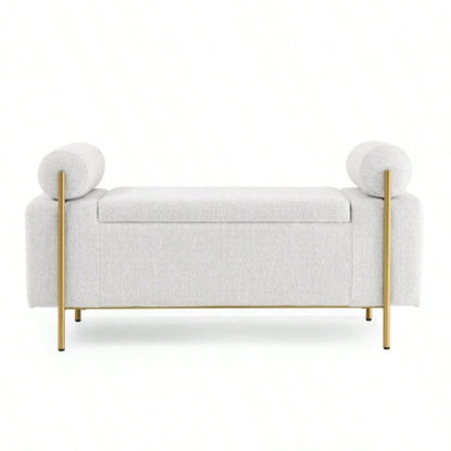 Elegant Upholstered Linen Storage with Cylindrical Arms and Iron Hallway Living Room Bedroom, White