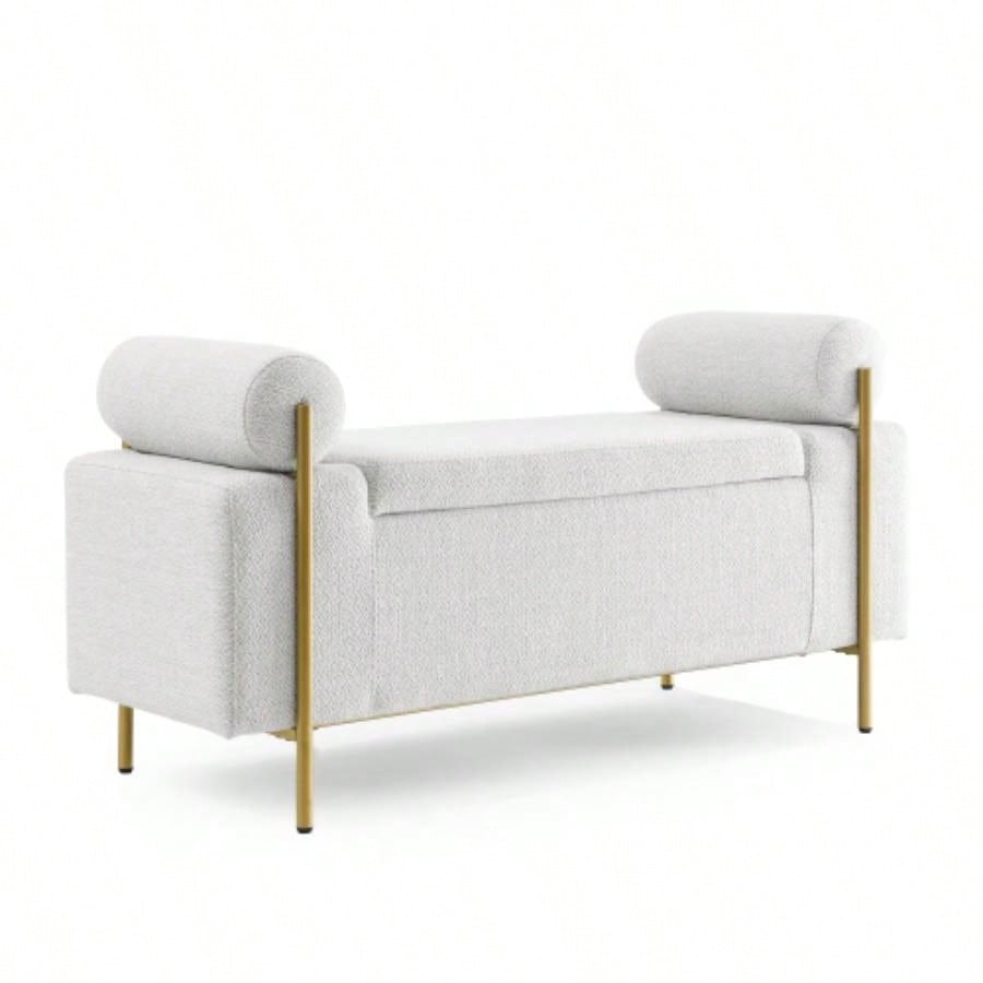 Elegant Upholstered Linen Storage with Cylindrical Arms and Iron Hallway Living Room Bedroom, White