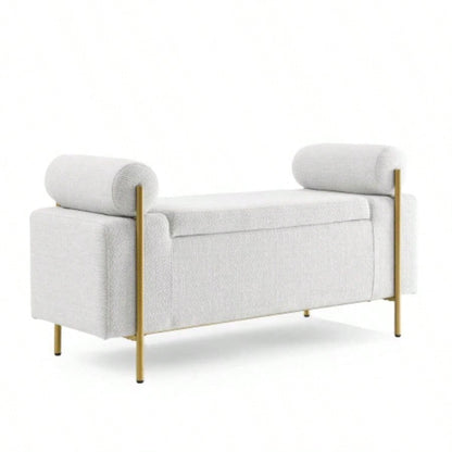 Elegant Upholstered Linen Storage with Cylindrical Arms and Iron Hallway Living Room Bedroom, White