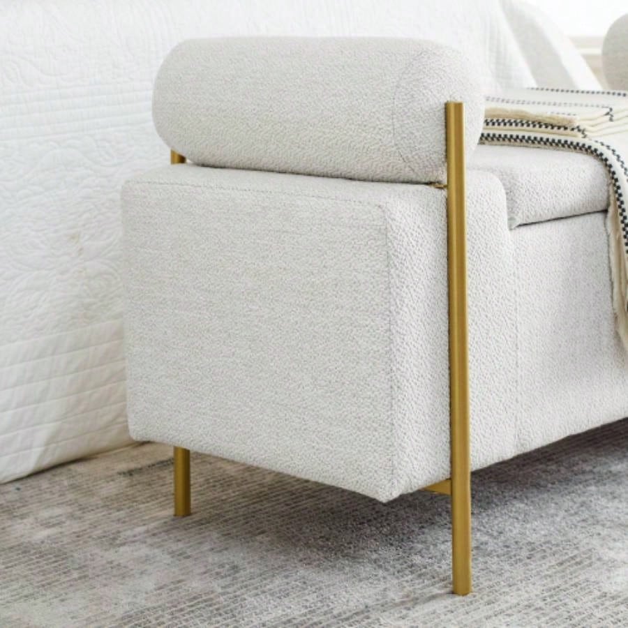 Elegant Upholstered Linen Storage with Cylindrical Arms and Iron Hallway Living Room Bedroom, White