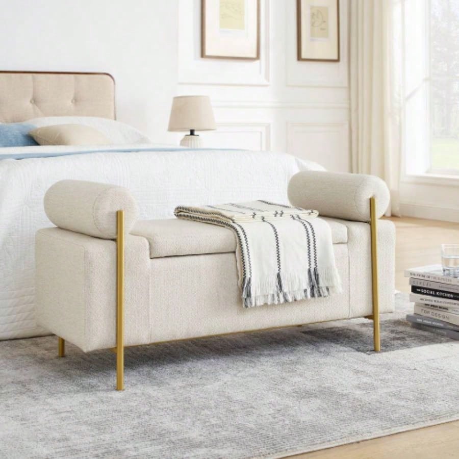 Elegant Upholstered Linen Storage with Cylindrical Arms and Iron Hallway Living Room Bedroom, White