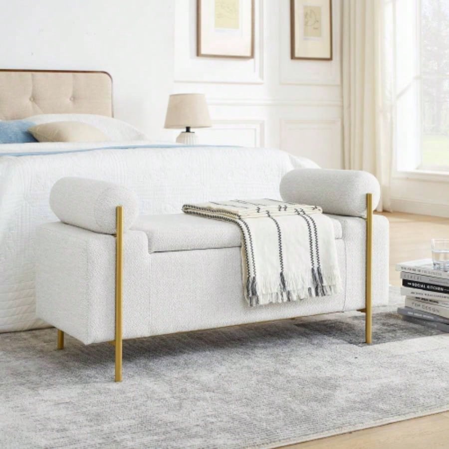 Elegant Upholstered Linen Storage with Cylindrical Arms and Iron Hallway Living Room Bedroom, White