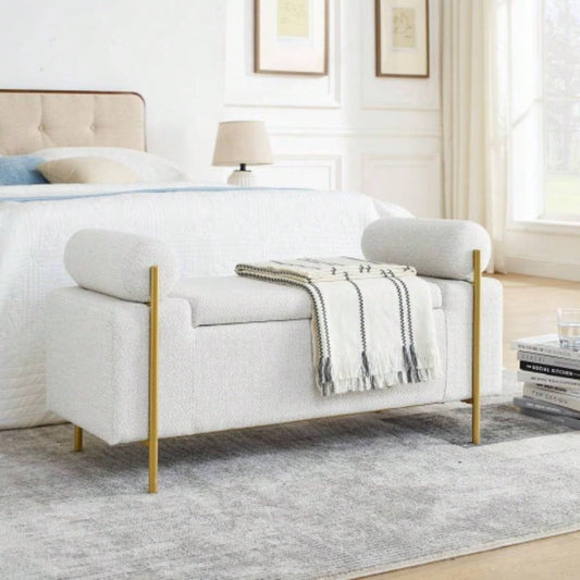 Elegant Upholstered Linen Storage with Cylindrical Arms and Iron Hallway Living Room Bedroom, White