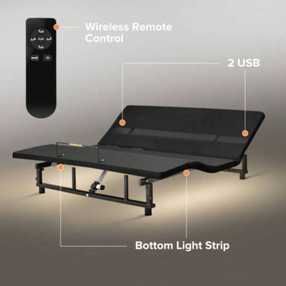 Adjustable Bed Base Frame and Foot Incline Quiet Motor King Size Zero, 4 Ports USB, Under - Bed Nightlight