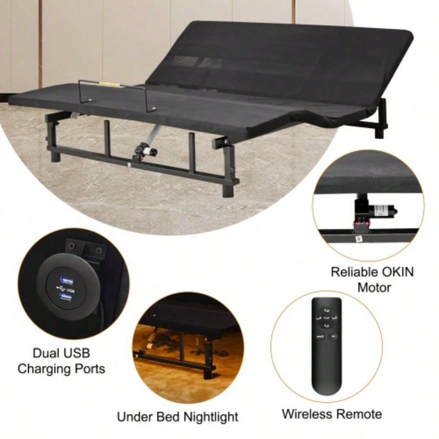 Adjustable Bed Base Frame and Foot Incline Quiet Motor King Size Zero, 4 Ports USB, Under - Bed Nightlight