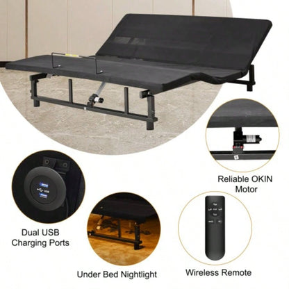 Adjustable Bed Base Frame and Foot Incline Quiet Motor King Size Zero, 4 Ports USB, Under - Bed Nightlight