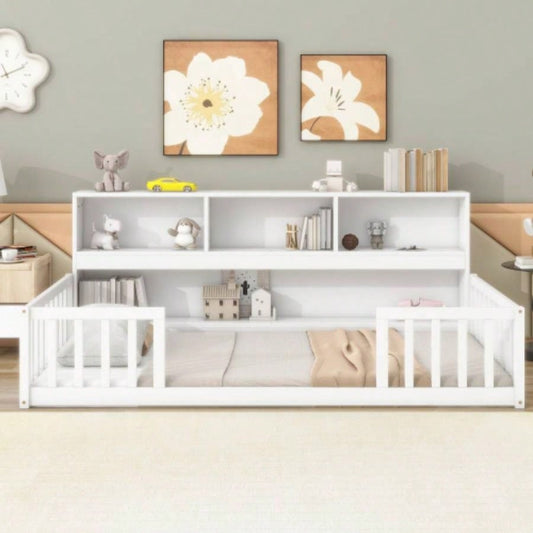 Twin Floor Bed with Bedside Bookcase, Shelves, Guardrails, White