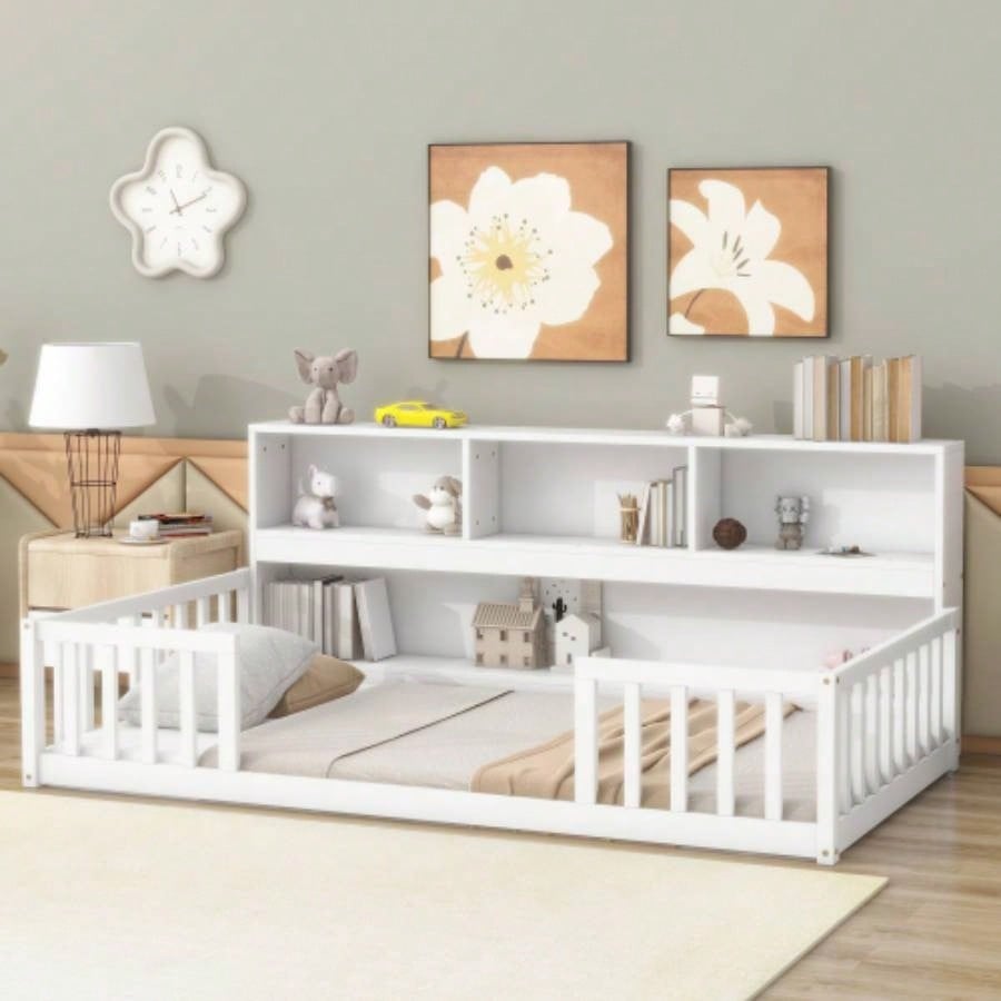 Twin Floor Bed with Bedside Bookcase, Shelves, Guardrails, White