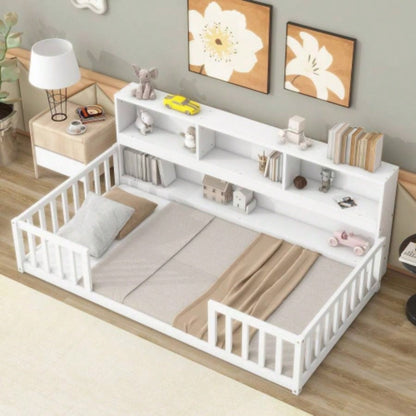 Twin Floor Bed with Bedside Bookcase, Shelves, Guardrails, White