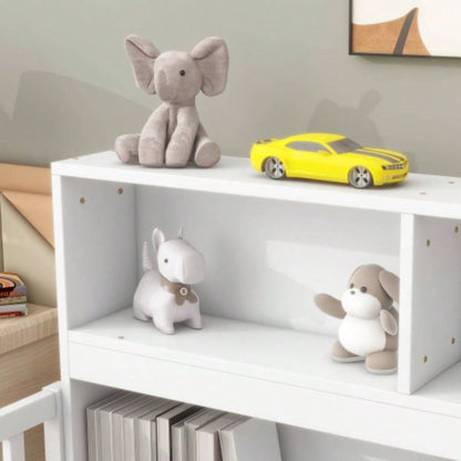Twin Floor Bed with Bedside Bookcase, Shelves, Guardrails, White