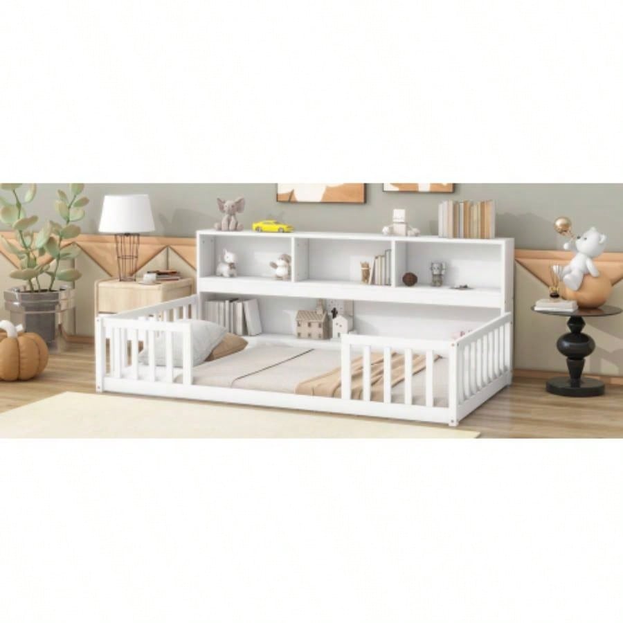 Twin Floor Bed with Bedside Bookcase, Shelves, Guardrails, White