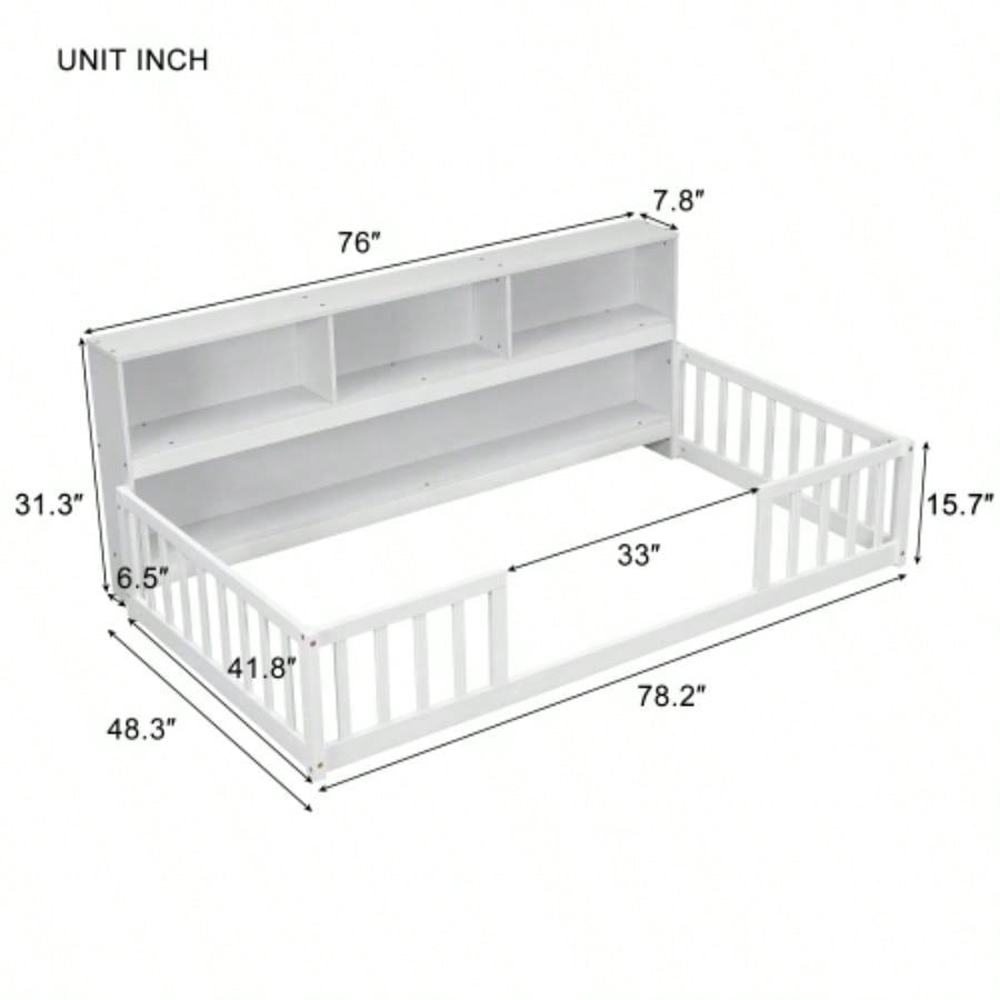 Twin Floor Bed with Bedside Bookcase, Shelves, Guardrails, White