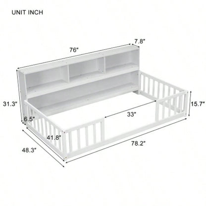 Twin Floor Bed with Bedside Bookcase, Shelves, Guardrails, White