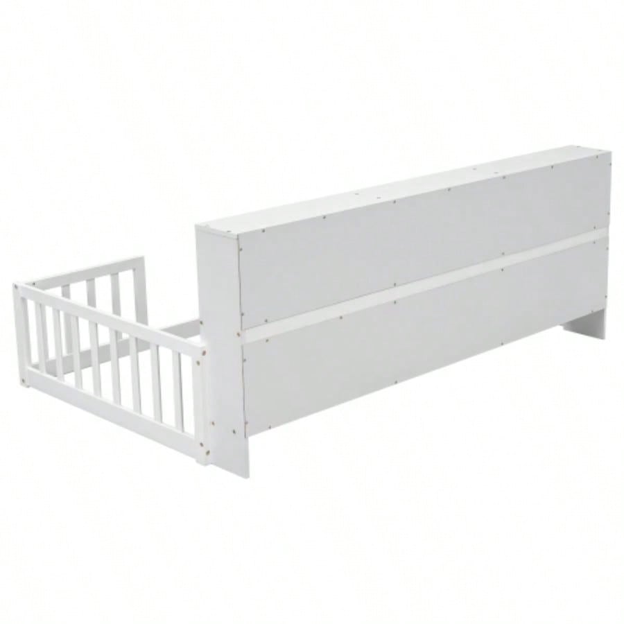 Twin Floor Bed with Bedside Bookcase, Shelves, Guardrails, White