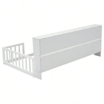Twin Floor Bed with Bedside Bookcase, Shelves, Guardrails, White
