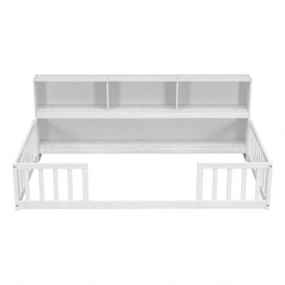 Twin Floor Bed with Bedside Bookcase, Shelves, Guardrails, White