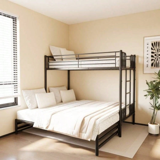 Twin Metal Pull - Out Bunk Bed with Guardrail and Built - In Ladder, Space - Saving Convertible Frame Bedroom, Black