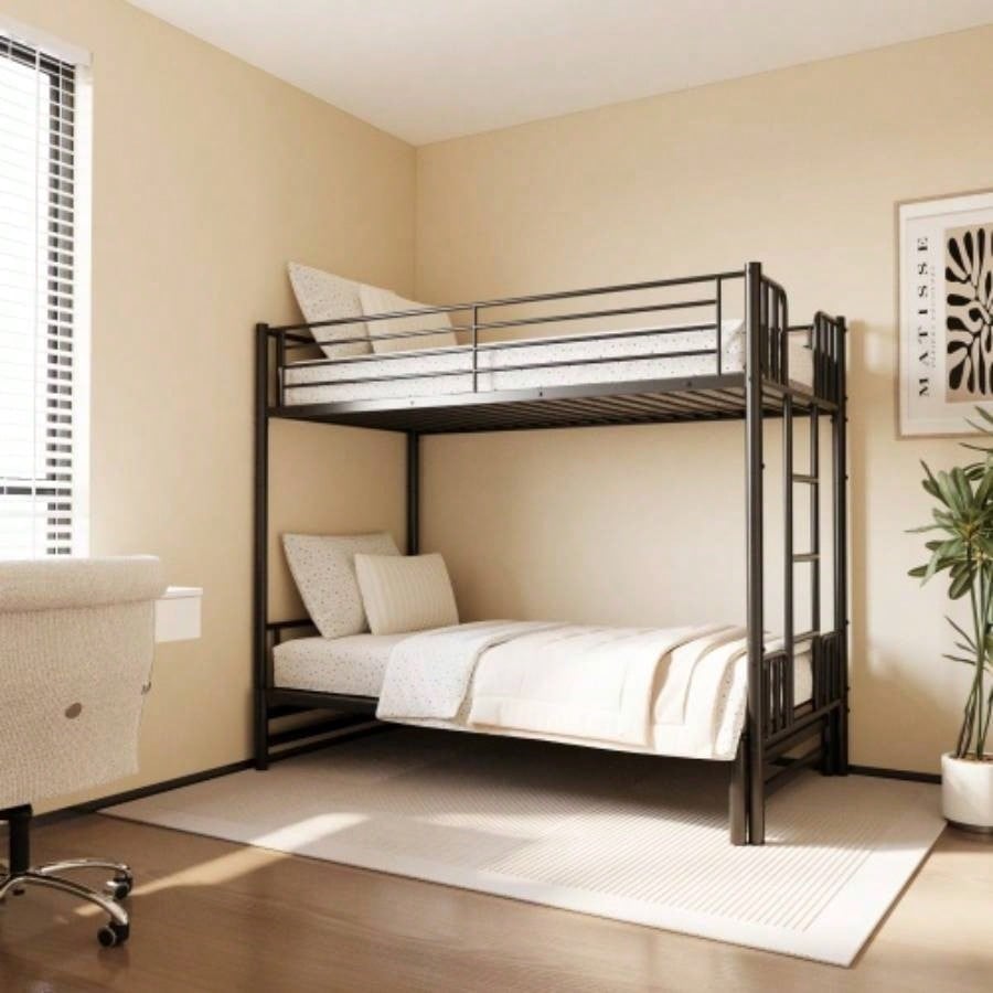 Twin Metal Pull - Out Bunk Bed with Guardrail and Built - In Ladder, Space - Saving Convertible Frame Bedroom, Black