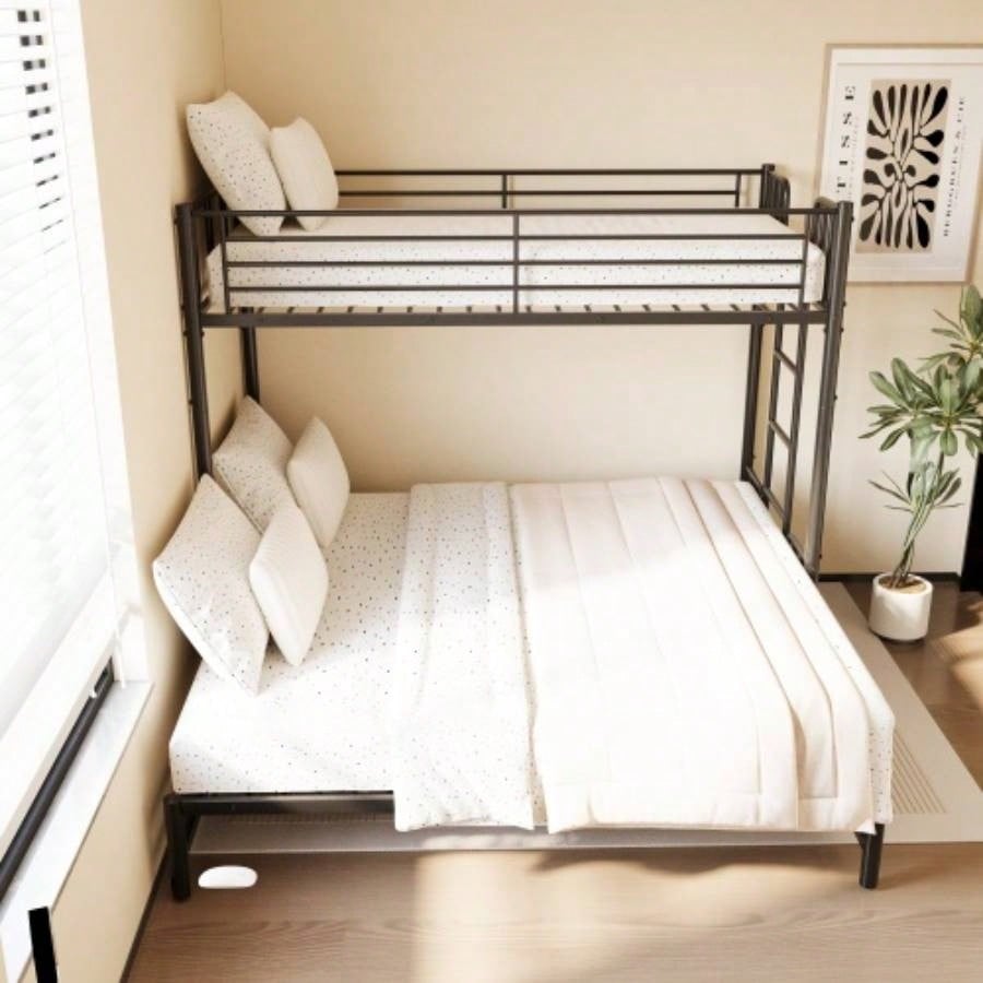 Twin Metal Pull - Out Bunk Bed with Guardrail and Built - In Ladder, Space - Saving Convertible Frame Bedroom, Black