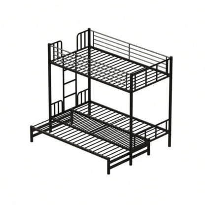 Twin Metal Pull - Out Bunk Bed with Guardrail and Built - In Ladder, Space - Saving Convertible Frame Bedroom, Black