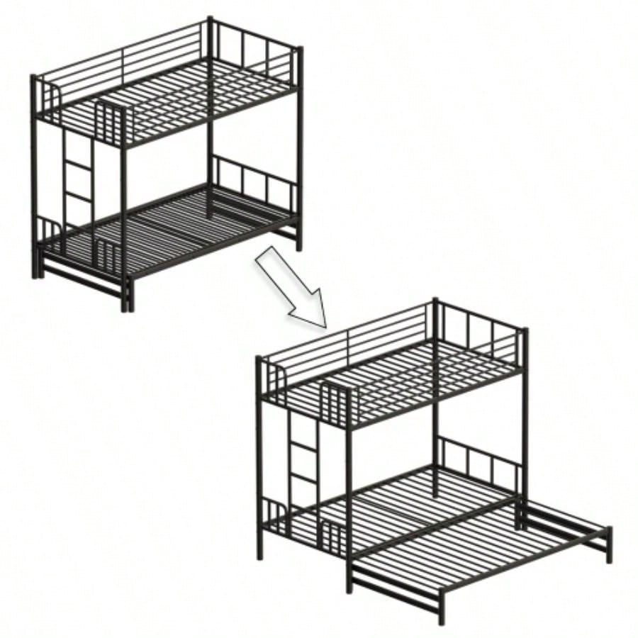 Twin Metal Pull - Out Bunk Bed with Guardrail and Built - In Ladder, Space - Saving Convertible Frame Bedroom, Black