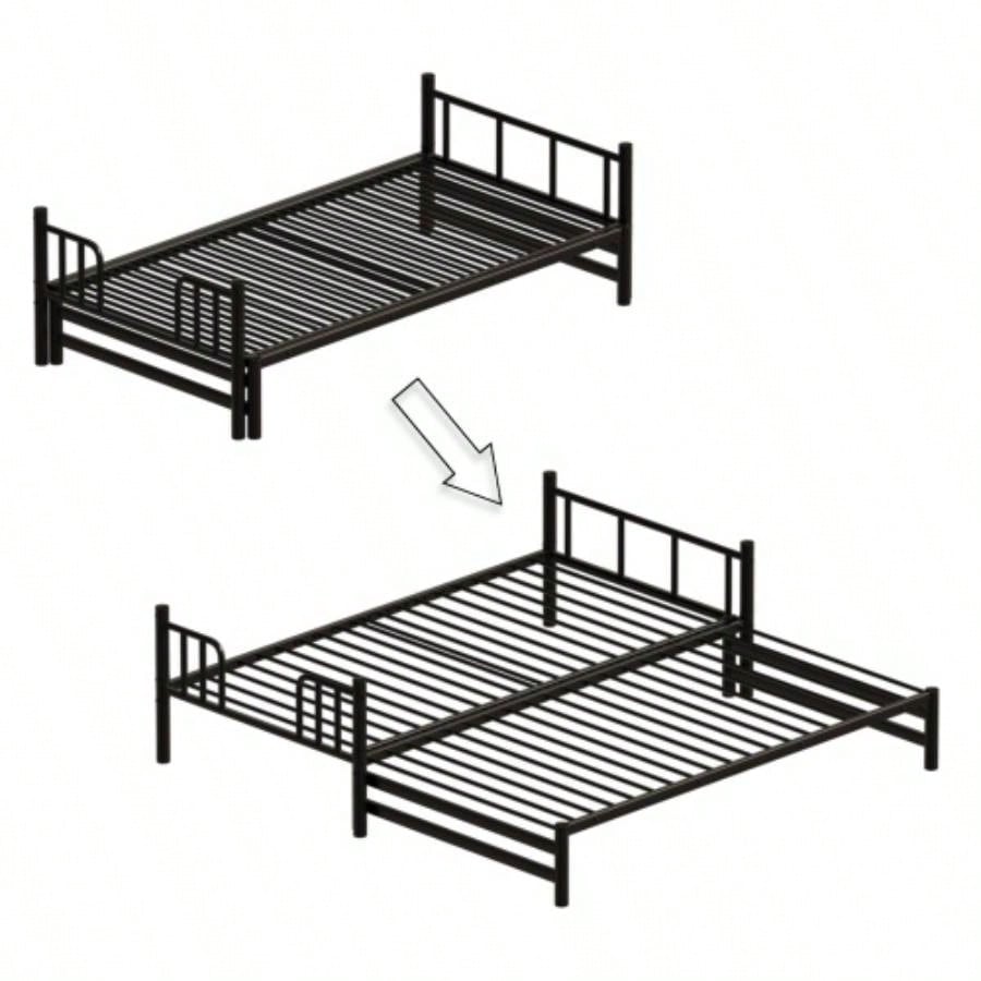 Twin Metal Pull - Out Bunk Bed with Guardrail and Built - In Ladder, Space - Saving Convertible Frame Bedroom, Black