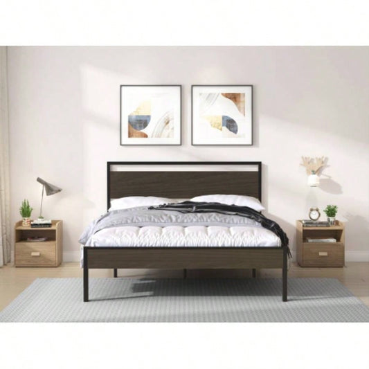 Ceres Metal Bed, Black with Walnut Wood HeadboardFootboard,
