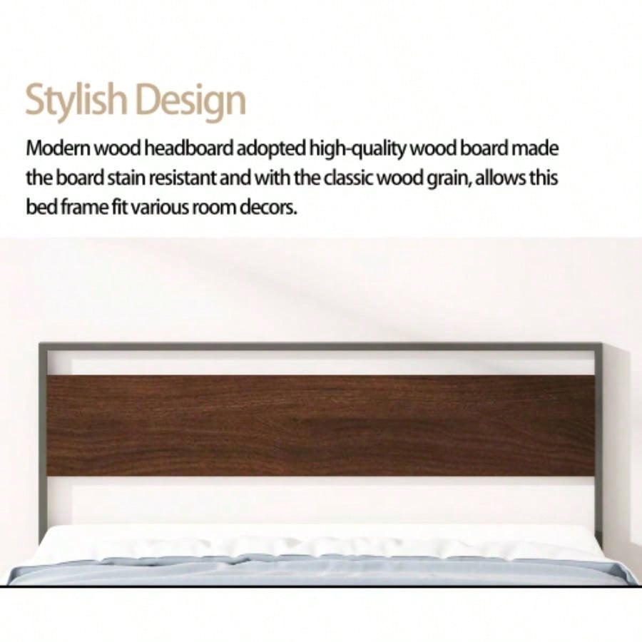 Ceres Metal Bed, Black with Walnut Wood HeadboardFootboard,