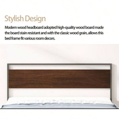 Ceres Metal Bed, Black with Walnut Wood HeadboardFootboard,