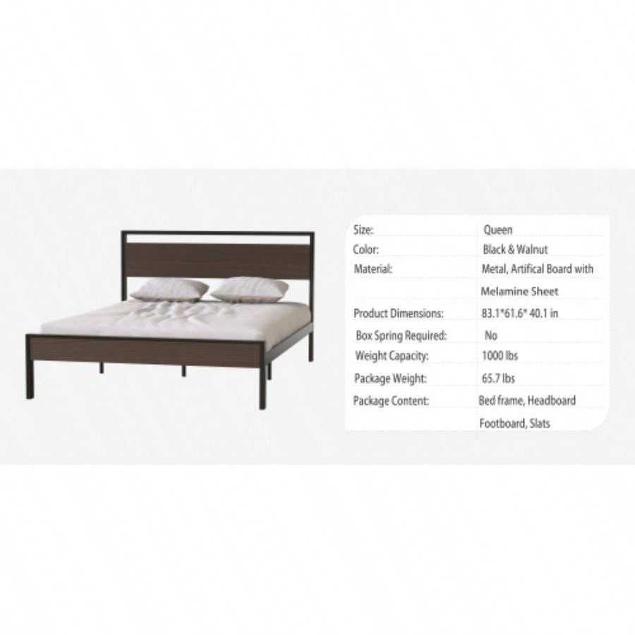 Ceres Metal Bed, Black with Walnut Wood HeadboardFootboard,