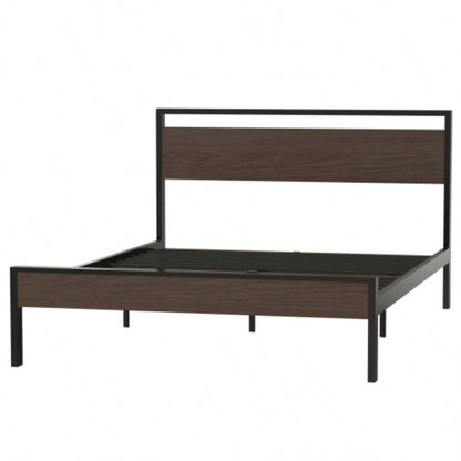 Ceres Metal Bed, Black with Walnut Wood HeadboardFootboard,