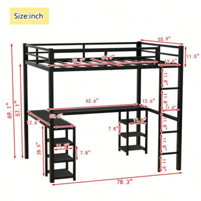 Full Metal Loft Bed with Desk and Shelves, Loft Bed with Ladder and Guardrails, Loft Bed Frame Bedroom, Black with Black Desk