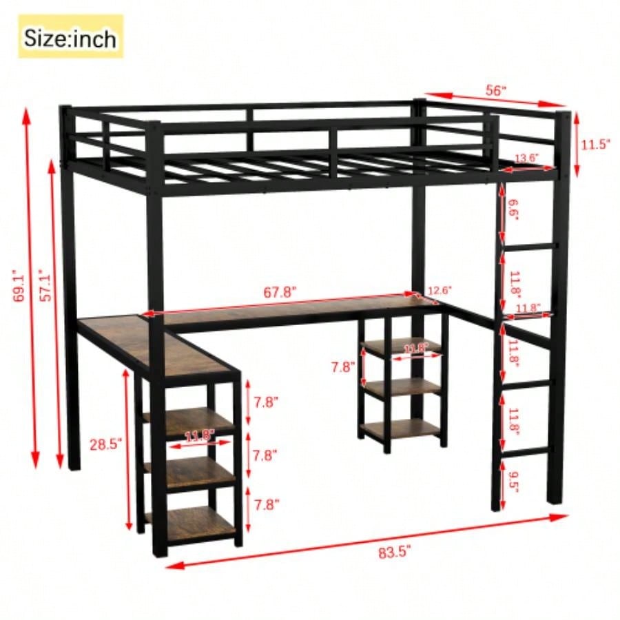 Full XL Metal Loft Bed with Desk and Shelves, Loft Bed with Ladder and Guardrails, Loft Bed Frame Bedroom, Black