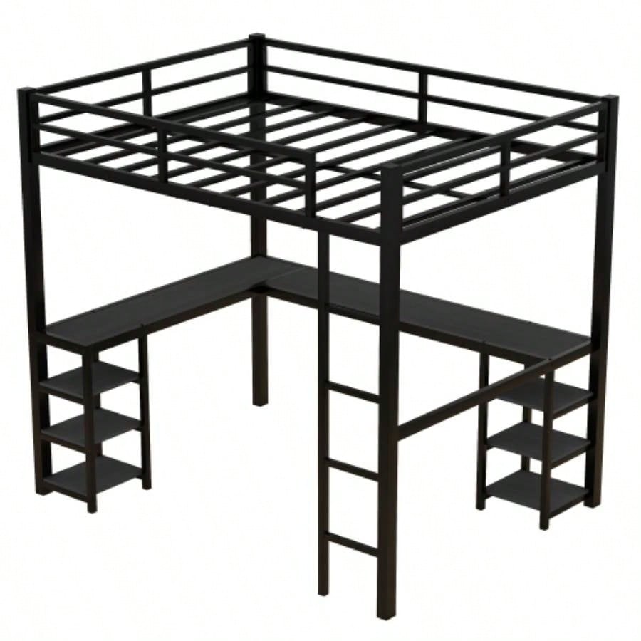 Full Metal Loft Bed with Desk and Shelves, Loft Bed with Ladder and Guardrails, Loft Bed Frame Bedroom, Black with Black Desk