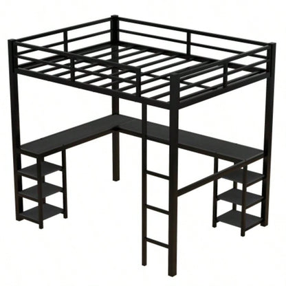 Full Metal Loft Bed with Desk and Shelves, Loft Bed with Ladder and Guardrails, Loft Bed Frame Bedroom, Black with Black Desk