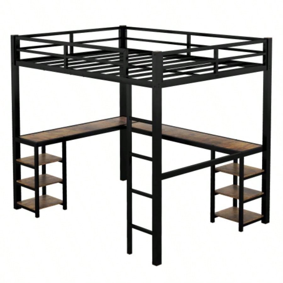 Full XL Metal Loft Bed with Desk and Shelves, Loft Bed with Ladder and Guardrails, Loft Bed Frame Bedroom, Black
