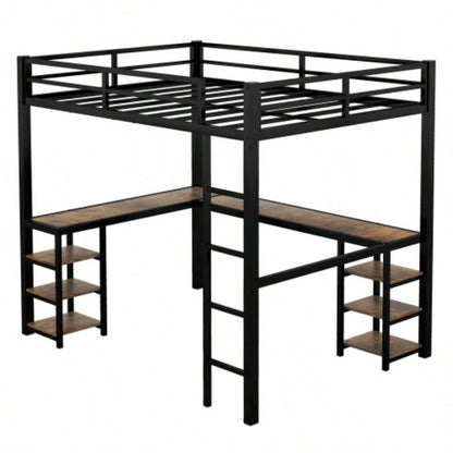 Full XL Metal Loft Bed with Desk and Shelves, Loft Bed with Ladder and Guardrails, Loft Bed Frame Bedroom, Black