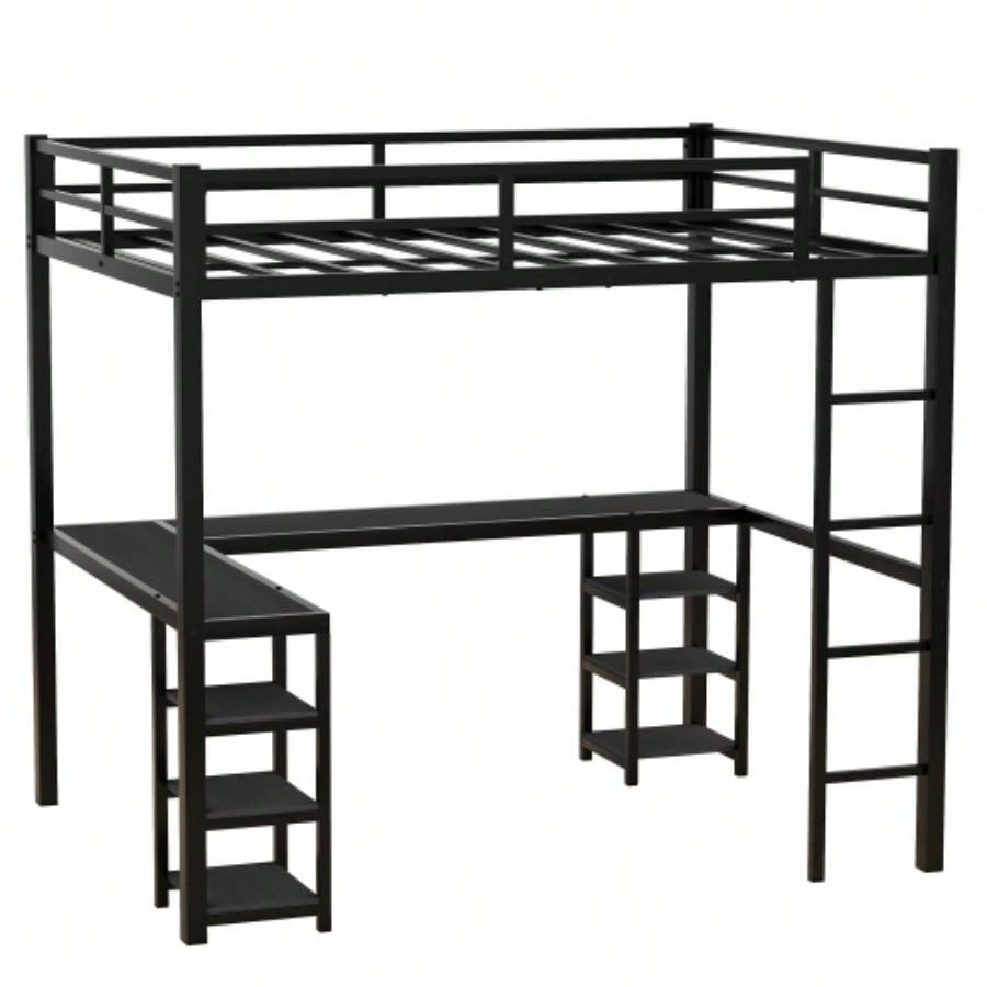 Full Metal Loft Bed with Desk and Shelves, Loft Bed with Ladder and Guardrails, Loft Bed Frame Bedroom, Black with Black Desk