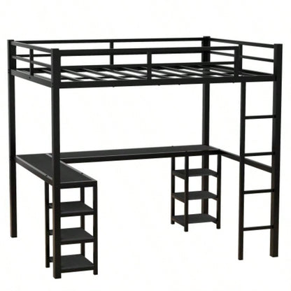 Full Metal Loft Bed with Desk and Shelves, Loft Bed with Ladder and Guardrails, Loft Bed Frame Bedroom, Black with Black Desk