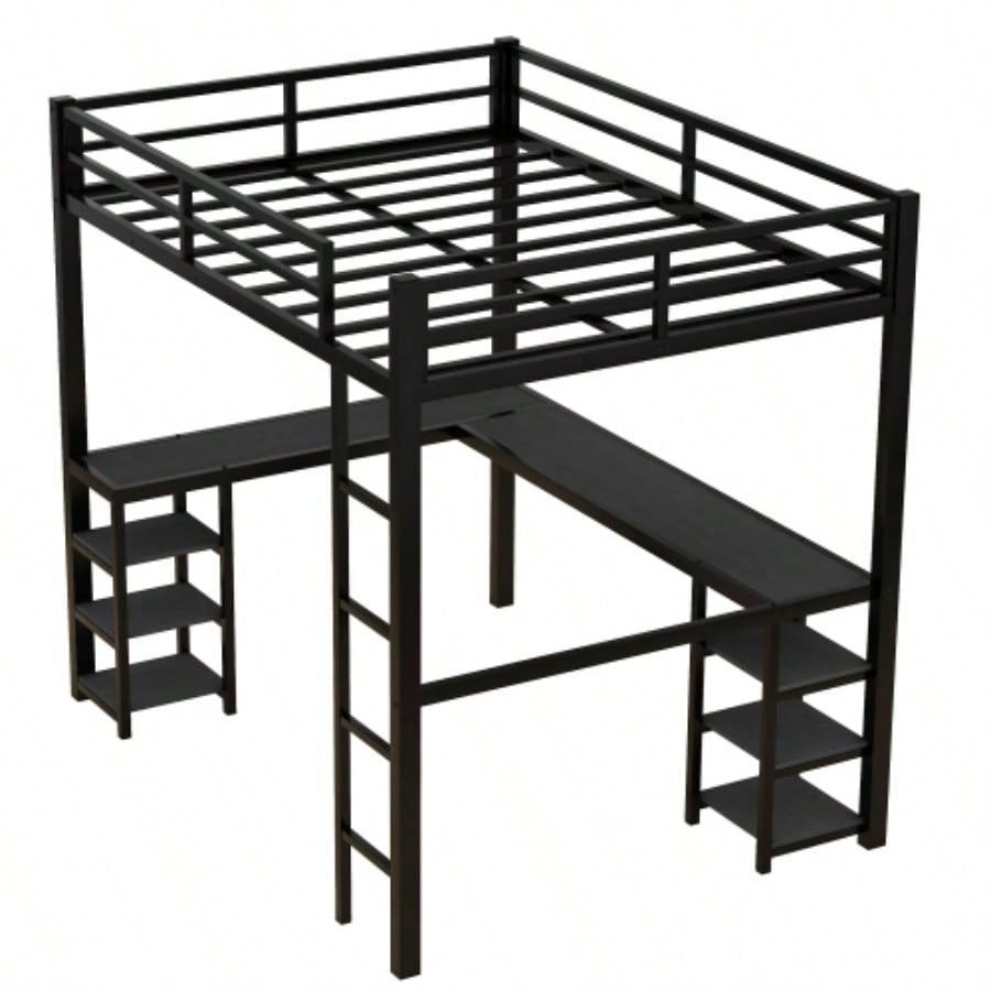 Full Metal Loft Bed with Desk and Shelves, Loft Bed with Ladder and Guardrails, Loft Bed Frame Bedroom, Black with Black Desk