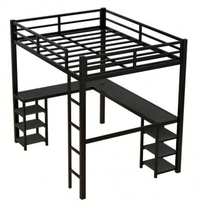Full Metal Loft Bed with Desk and Shelves, Loft Bed with Ladder and Guardrails, Loft Bed Frame Bedroom, Black with Black Desk