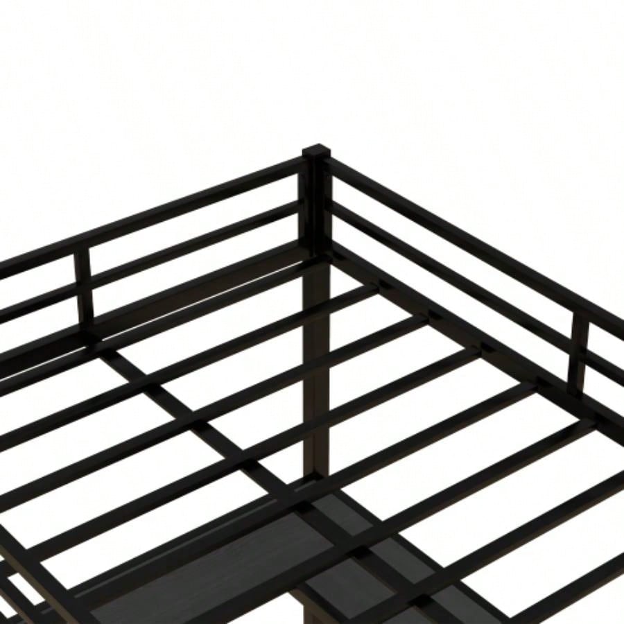 Full Metal Loft Bed with Desk and Shelves, Loft Bed with Ladder and Guardrails, Loft Bed Frame Bedroom, Black with Black Desk